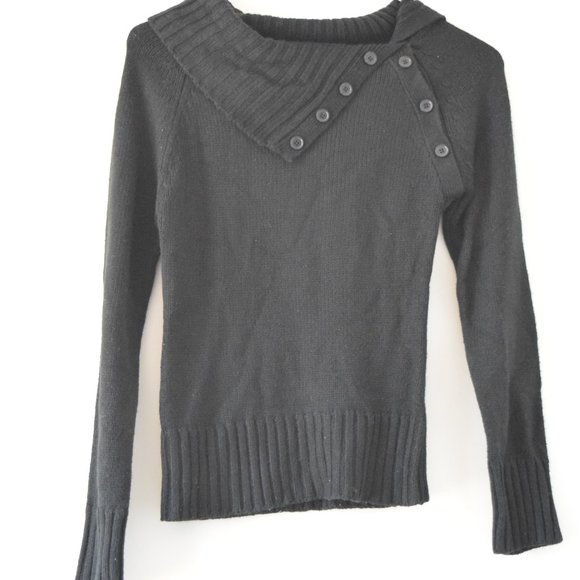 PLANET GOLD Vintage Black Asymmetric Neck Fine Knit Button Sweater | Size M - Picture 2 of 5
